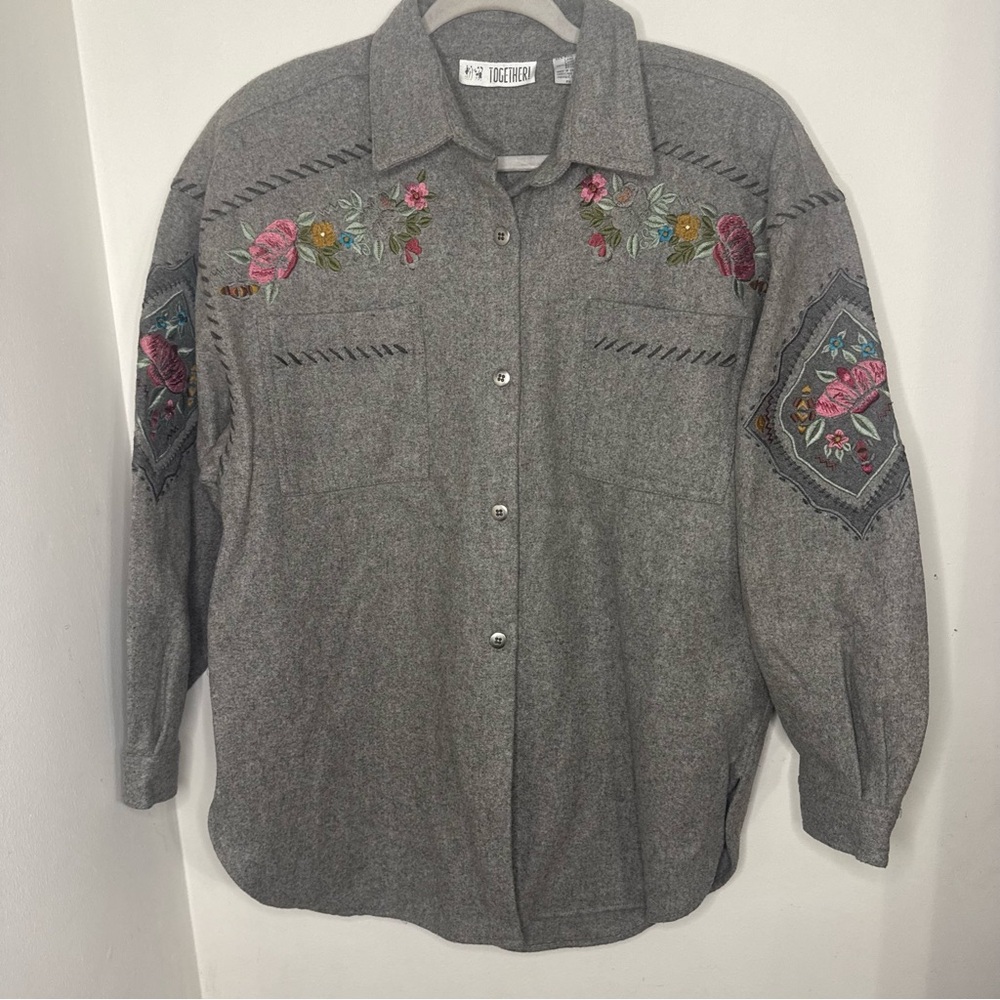 Gray Embroidered Button-Up Shirt - image 1
